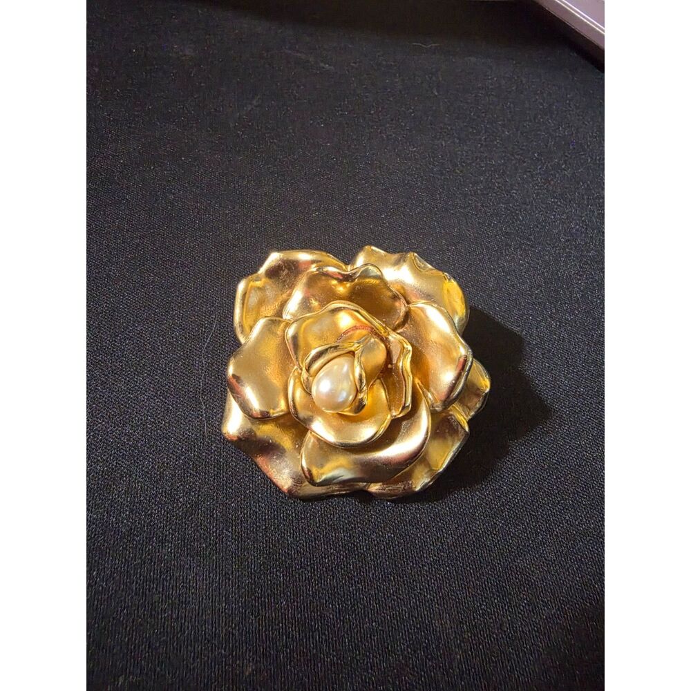 Vintage Emmons Gold Tone Rose With Faux Pearl Brooch
